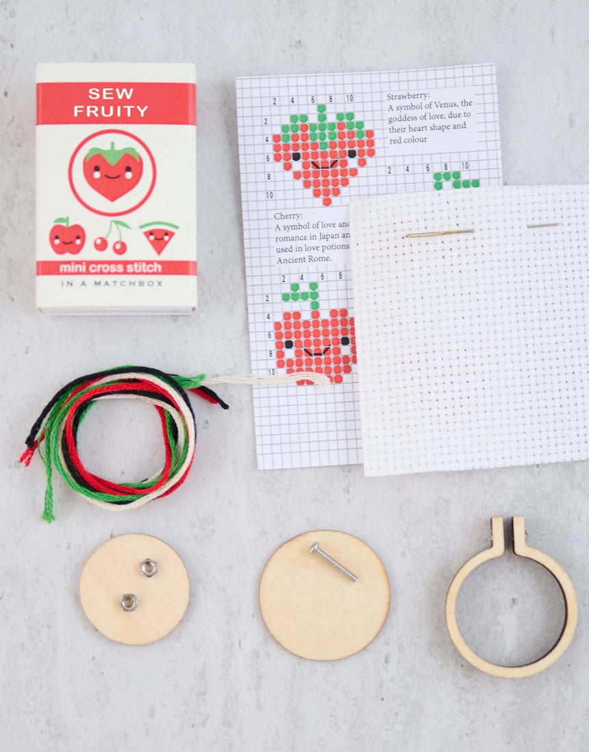 Sew Fruity Mini Hoop Cross Stitch Kit in a Matchbox