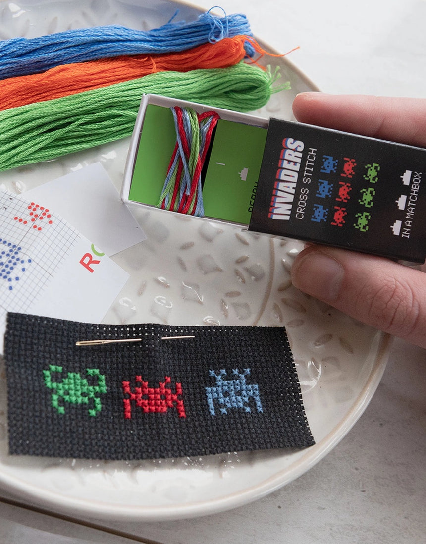 RGB Invaders Mini Cross Stitch Kit in a Matchbox