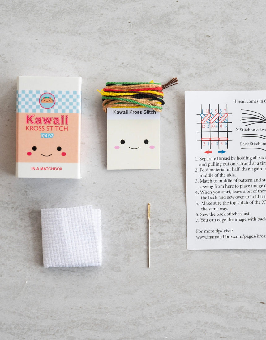 Kawaii Taco Mini Cross Stitch Kit in a Matchbox