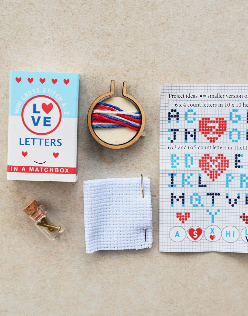 Love Letters Mini Hoop Cross Stitch in a Matchbox