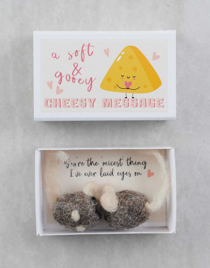 Cheesy Message Wool Felt Mice in a Matchbox