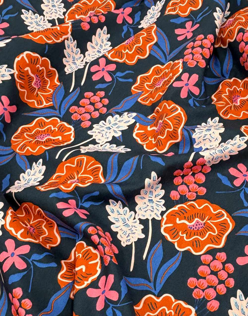 Navy Fresh Flowers Cotton Poplin Fabric, Nerida Hansen