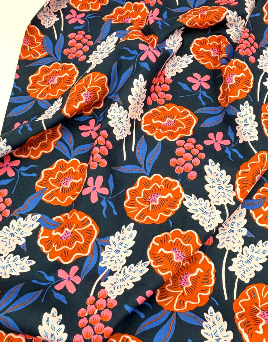 Navy Fresh Flowers Cotton Poplin Fabric, Nerida Hansen