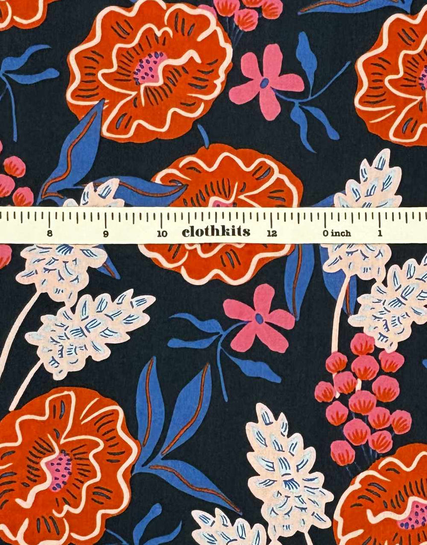 Navy Fresh Flowers Cotton Poplin Fabric, Nerida Hansen