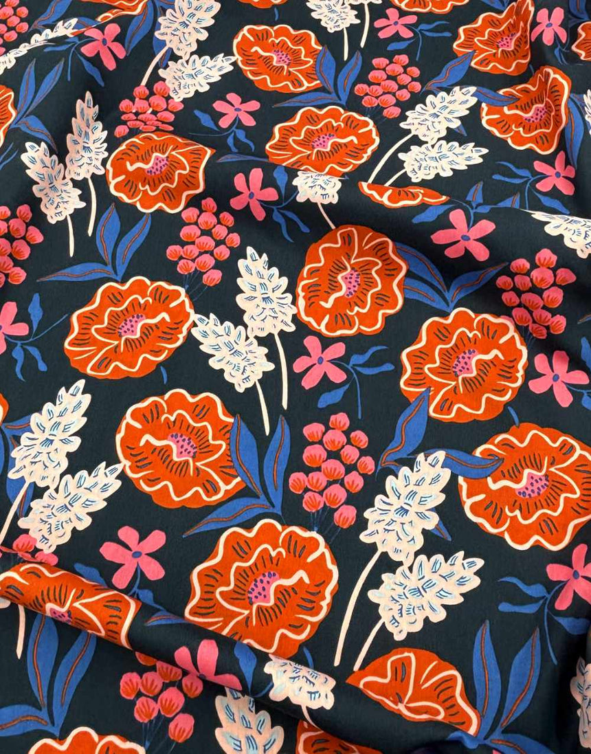 Navy Fresh Flowers Cotton Poplin Fabric, Nerida Hansen