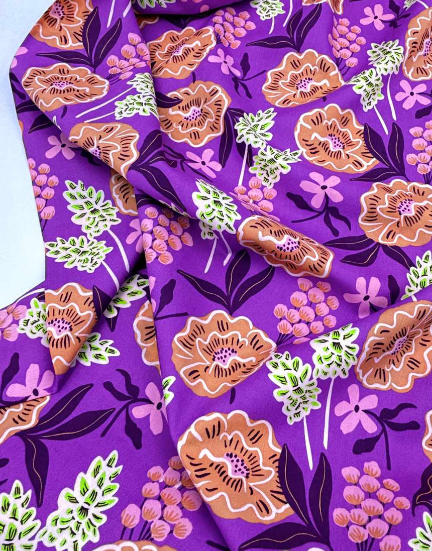 Purple Fresh Flowers Cotton Poplin Fabric, Nerida Hansen