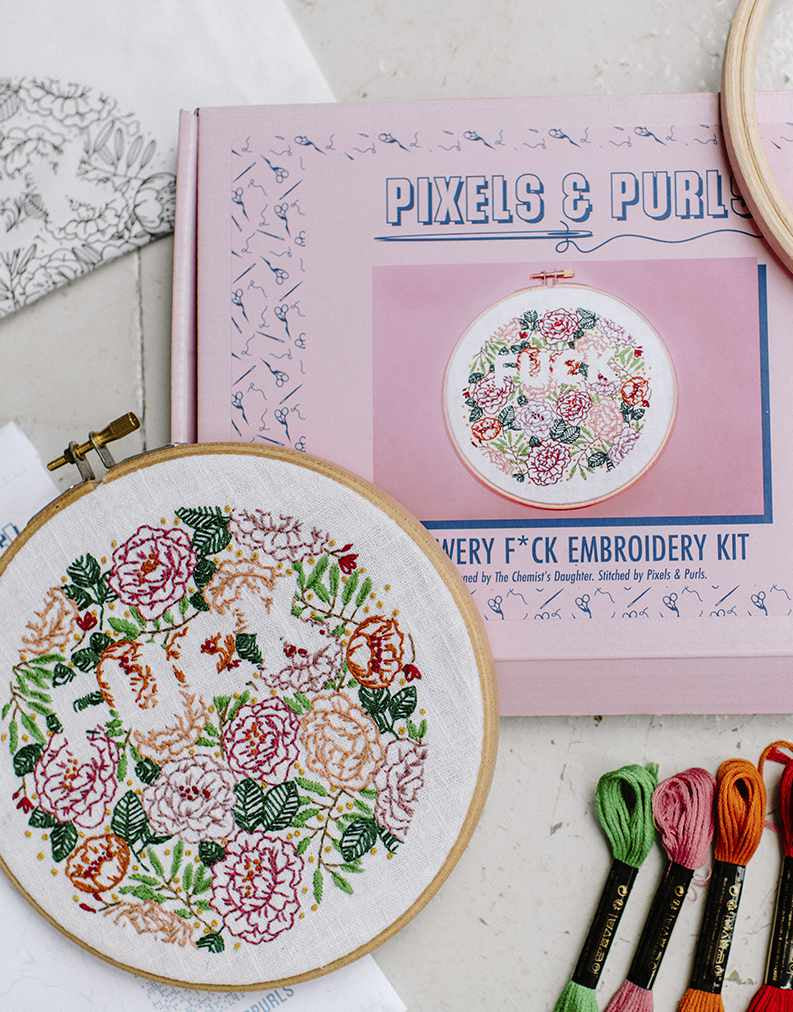 Flowery F*** Embroidery Kit, Pixels & Purls