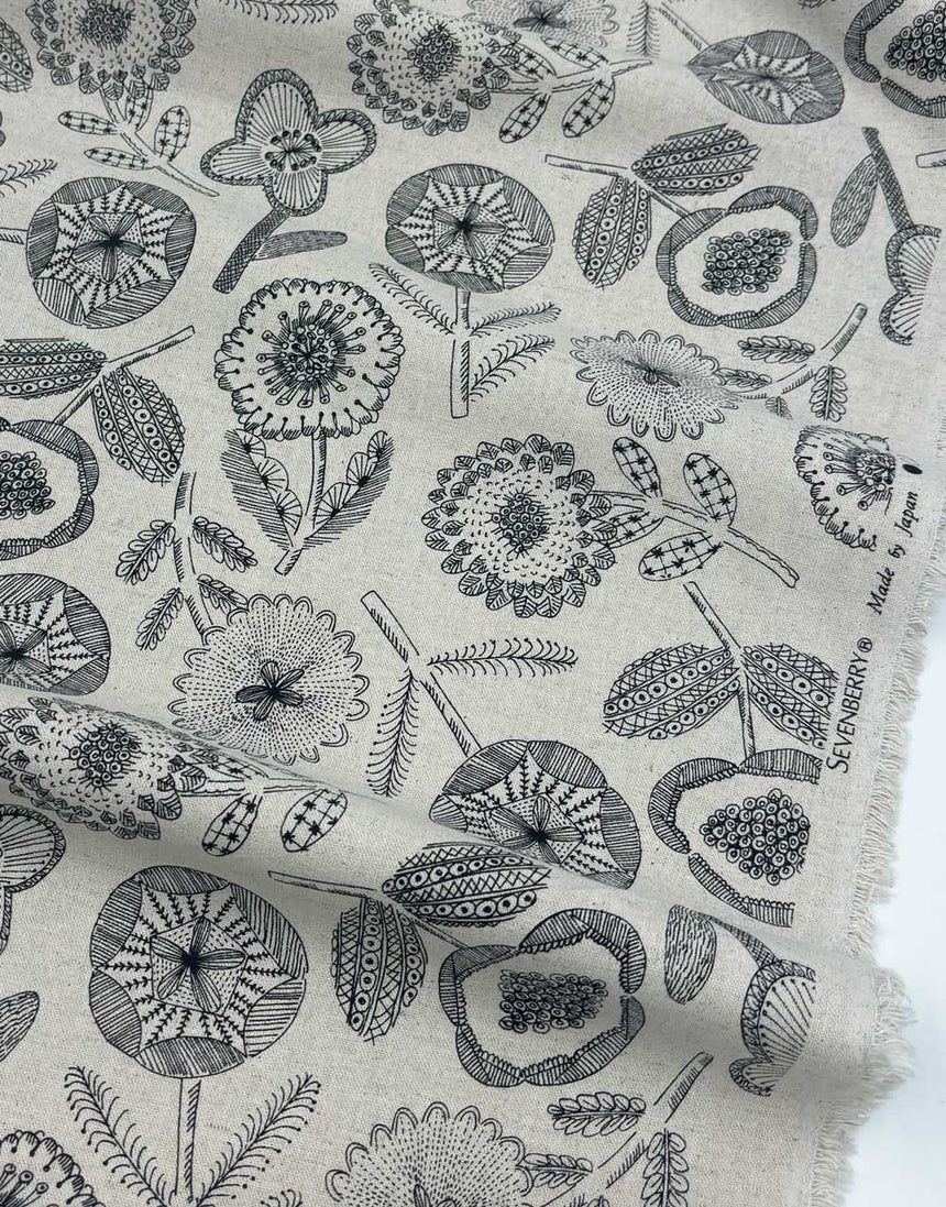 Natural Linear Floral Cotton Flax Print Fabric, Sevenberry