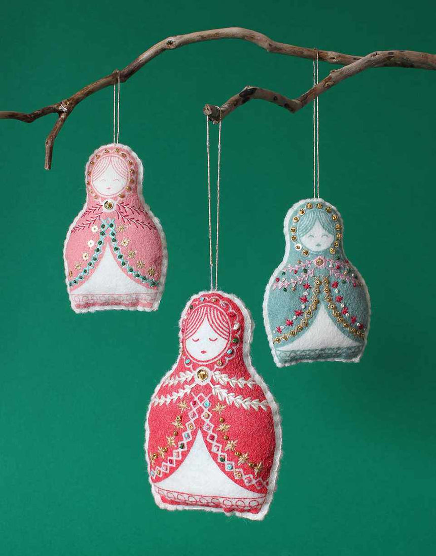 Trio of Matryoshka Doll Ornaments Embroidered Felt Craft Kit, Sewyeah