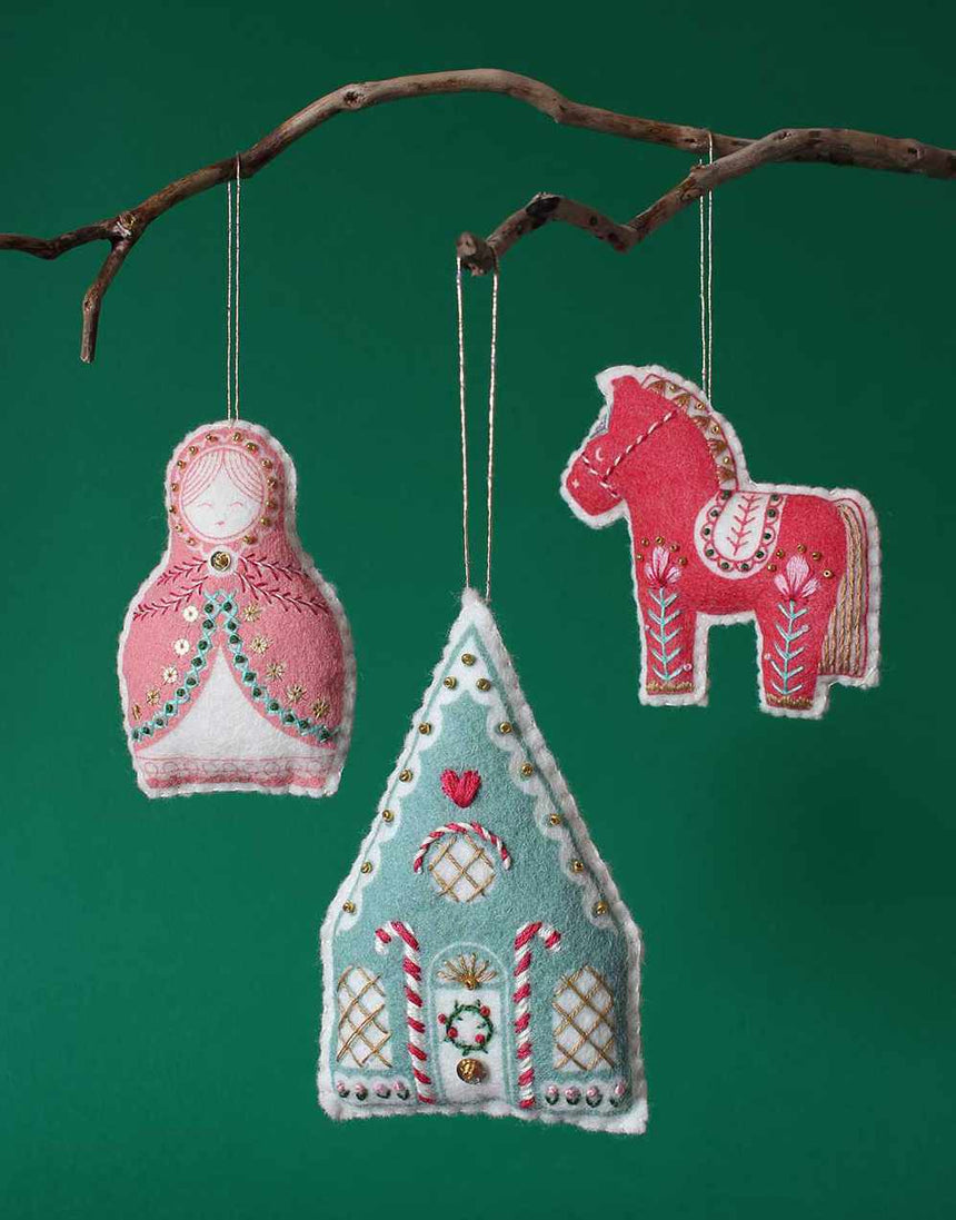 Trio of Folk Ornaments Embroidered Felt Craft Kit, Sewyeah