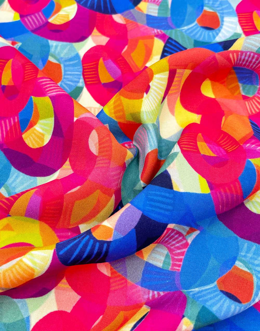 Colourful Geometric Hoop Viscose Fabric