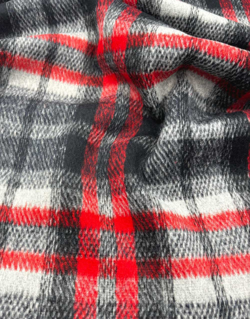 Red & Black Checkered Wool Blend Coating Fabric