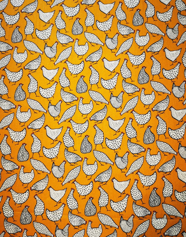 Not Specified Cotton Poplin Yellow / Animals Birds & Nature Ochre Chickens Printed Cotton Poplin Fabric 10973