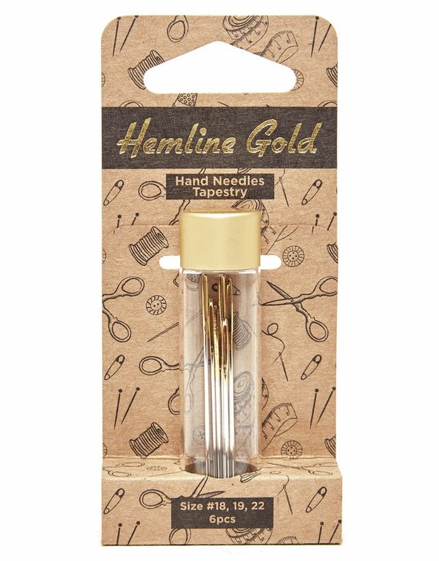 Hemline Gold Needles Tapestry Hand Sewing Needles in Glass Tube #18, 19, 22, Hemline Gold 9317385314303 9317385314303