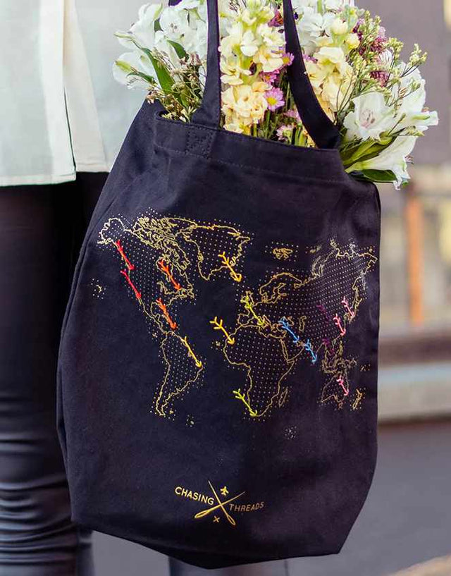 Chasing Threads Embroidery Black Stitch Where You've Been Tote Bag, Chasing Threads 7141148594839