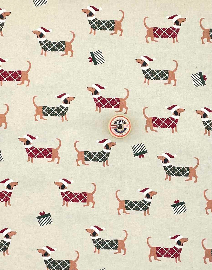 Not Specified Christmas Fabric Festive Sausage Dogs on Natural Christmas Fabric 13697