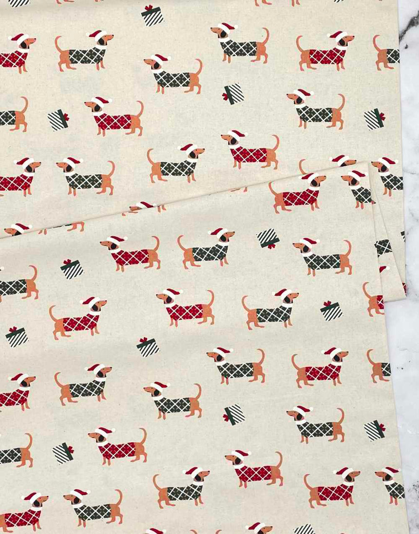 Not Specified Christmas Fabric Festive Sausage Dogs on Natural Christmas Fabric 13697