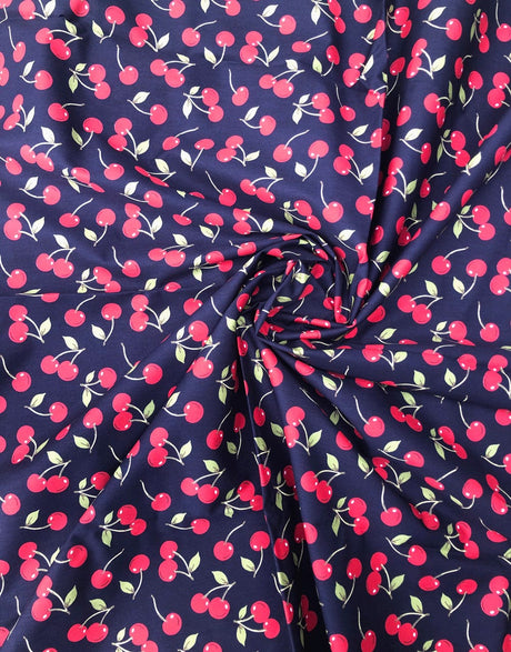 Not Specified Cotton Poplin Blue / Animals Birds & Nature Navy Cherries Printed Cotton Poplin Fabric 10785