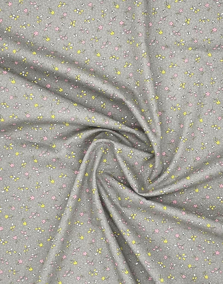 Not Specified Cotton Poplin Yellow / Floral Yellow & Pink Ditsy Floral on Grey, Printed Cotton Poplin Fabric 12380