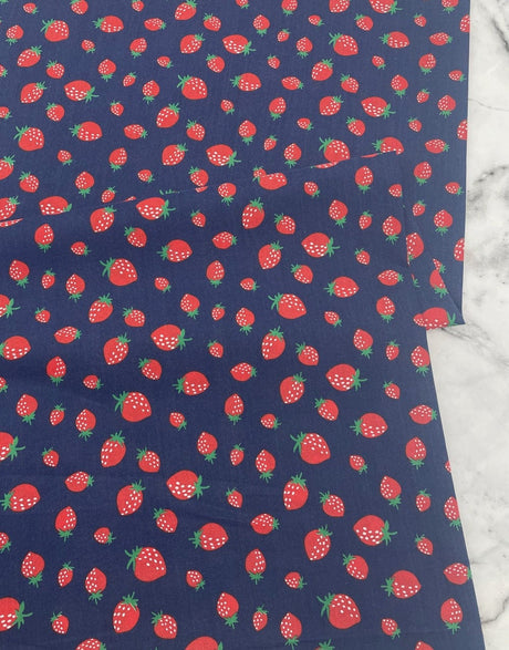 Not Specified Cotton Poplin Blue / Floral Strawberries on Navy, Printed Cotton Poplin Fabric 12393