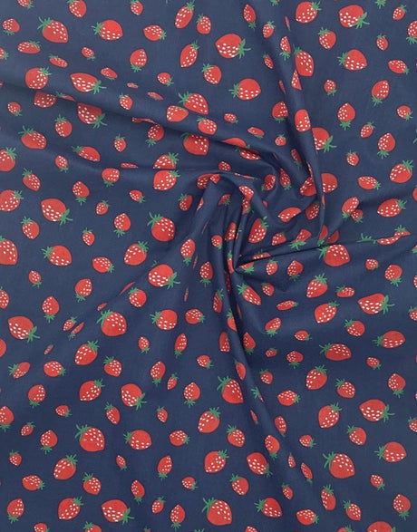 Not Specified Cotton Poplin Blue / Floral Strawberries on Navy, Printed Cotton Poplin Fabric 12393