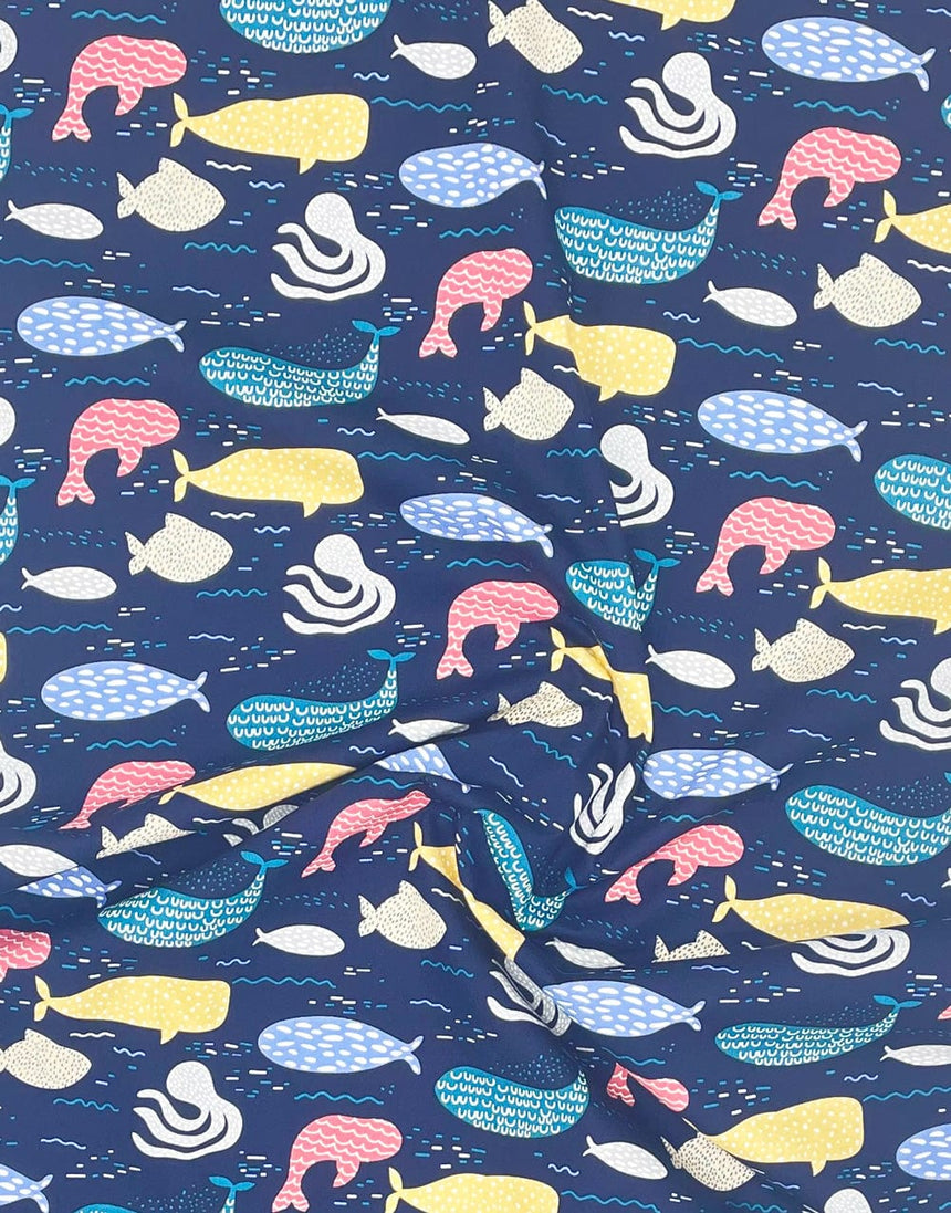 Not Specified Cotton Poplin Blue / Kid's Whales, Printed Cotton Poplin Fabric 12386