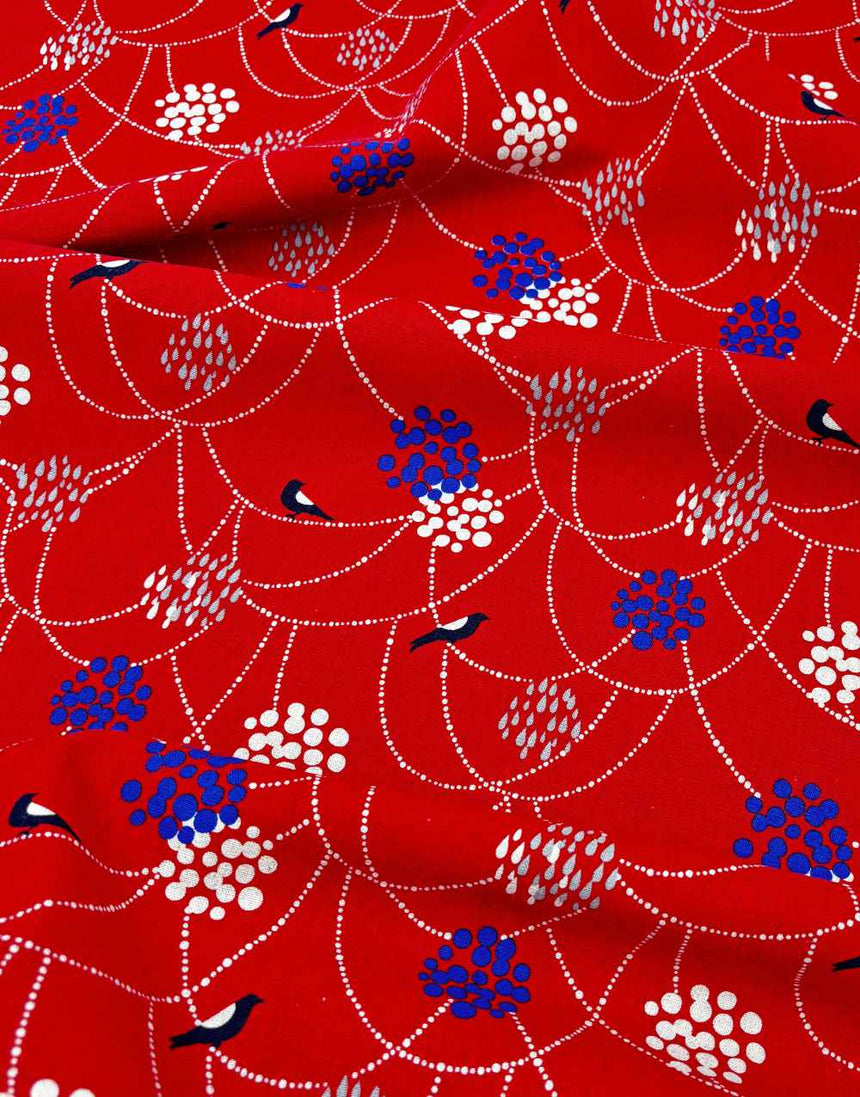 Red Bird to Hang Japanese Cotton Linen Fabric, Echino