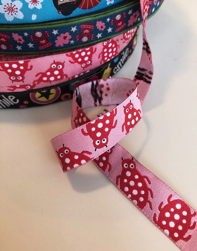 Not Specified Ribbon & Trimming Pink Ladybirds 15mm Woven Ribbon by Helga and Friends PinkLadybirdsDefaultTitle