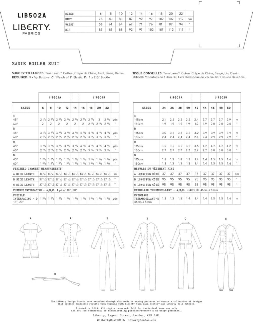 Liberty Fabrics Jumpsuits Zadie Boiler Suit Sewing Pattern, Liberty Fabrics