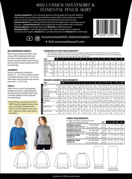 Sew House Seven Tops Shirts & Blouses Cosmos Sweatshirt & Elemental Skirt Jersey Sewing Pattern, Sew House Seven 850008674075 850008674075